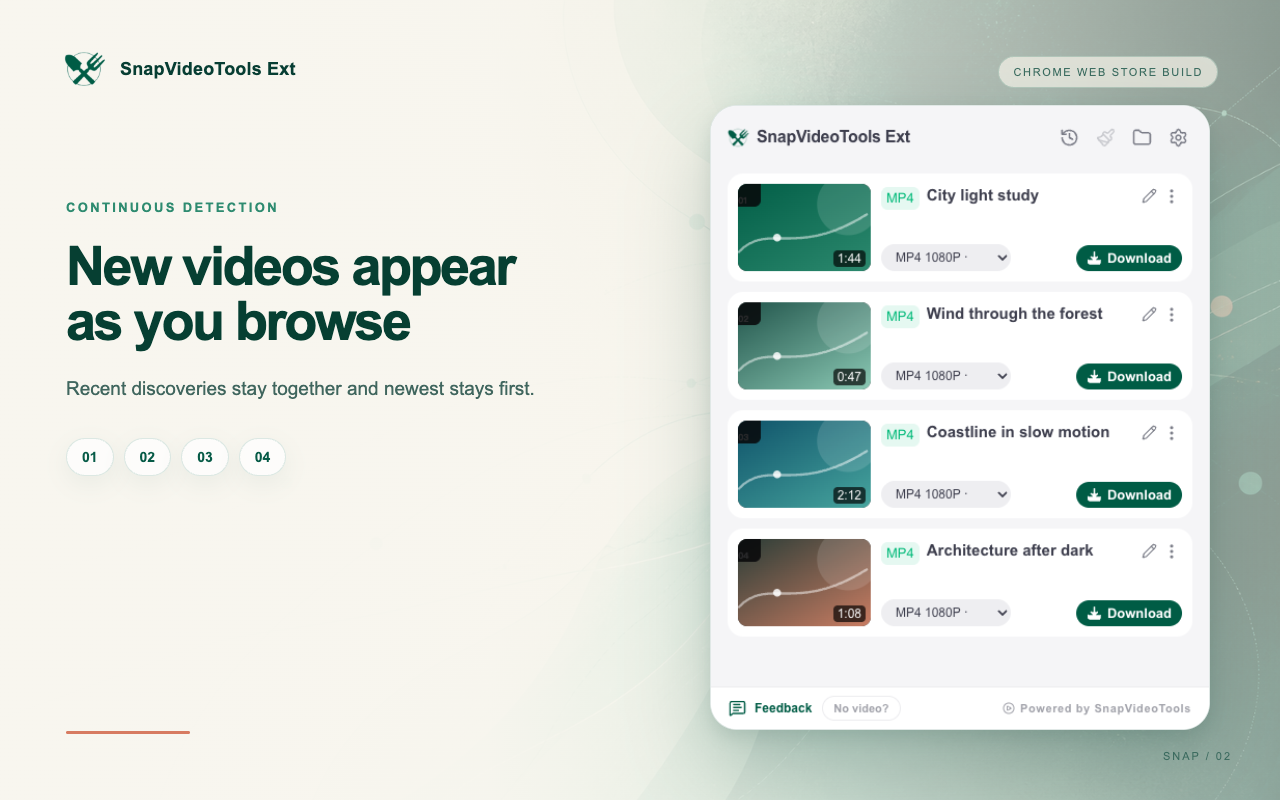 SnapVideoTools Ext listing recently detected videos from a scrolling feed