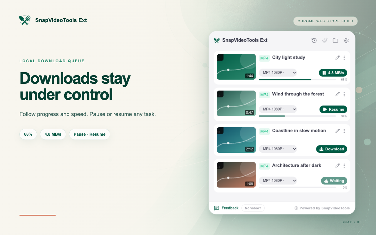 SnapVideoTools Ext download queue showing progress and task controls