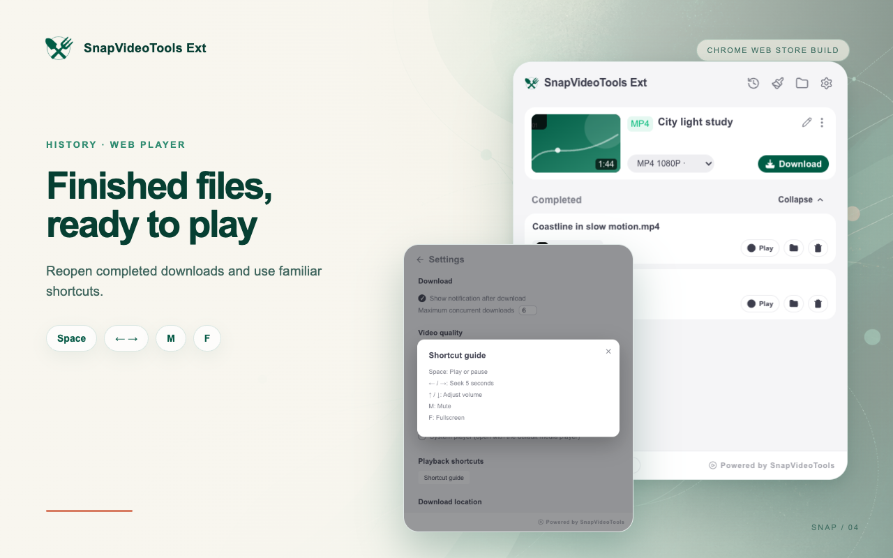 SnapVideoTools Ext local download history with playback and file actions