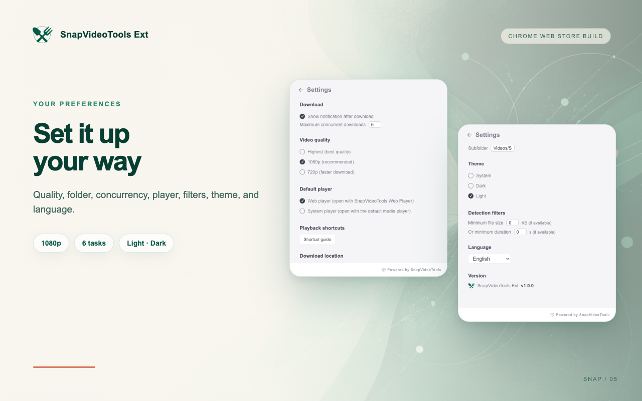 SnapVideoTools Ext settings for theme, preferred quality, download folder and concurrency
