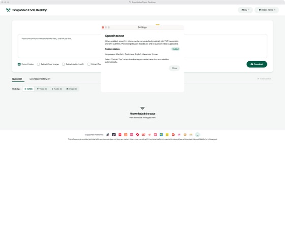 Actual SnapVideoTools Desktop local speech-to-text Settings window