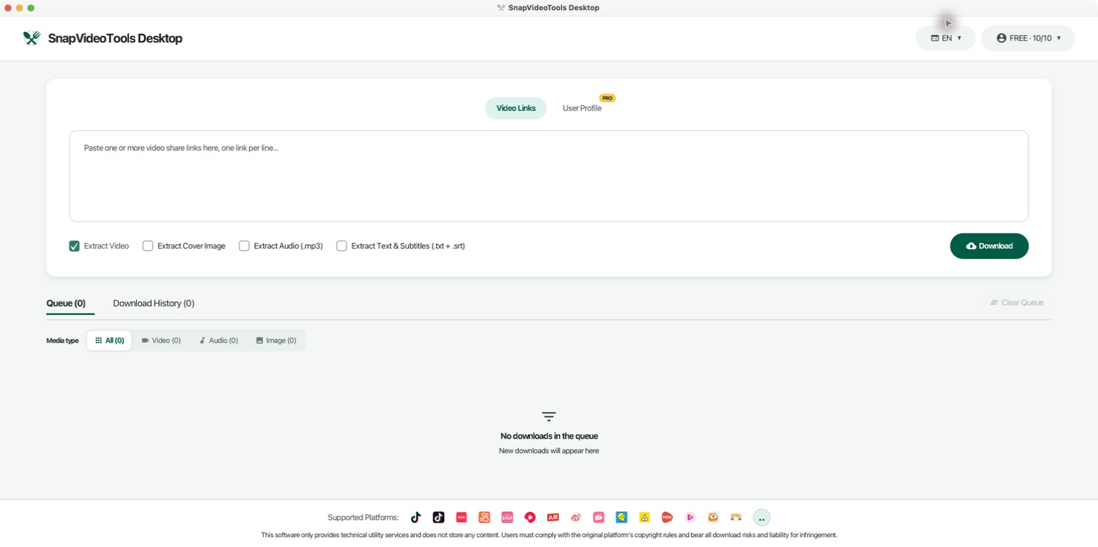 A guia Links de Vídeo real do SnapVideoTools Desktop e a fila de download