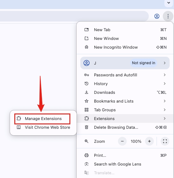 Chrome menu highlighting Extensions and Manage Extensions
