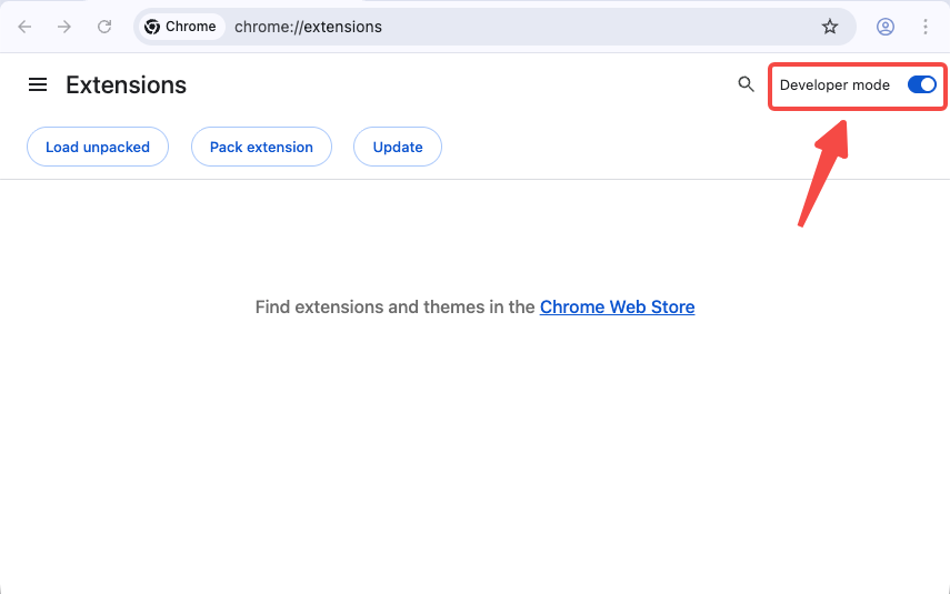 Chrome extensions page with Developer mode enabled and Load unpacked visible