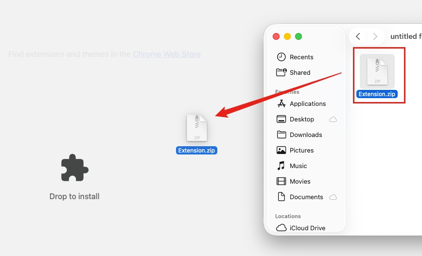 Dragging the SnapVideoTools Ext ZIP file onto the Chrome extensions page